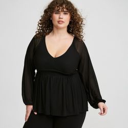 Torrid Stretch Mesh V-Neck Smocked Waist Babydoll Top