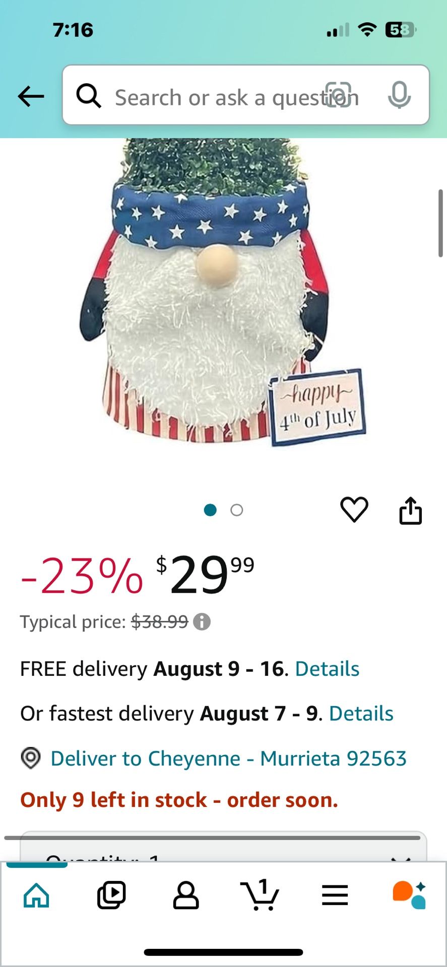 40 “ PRE LIT AMERICANA GNOME TOPIARY