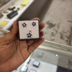 Blue Flower Earring With Matching Pendent Sterling Silver 