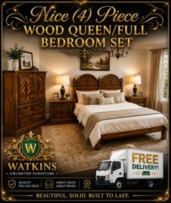 🛏️ Beautiful 4-Piece Wood Queen/Full Bedroom Set – Delivery Available! 🛏️