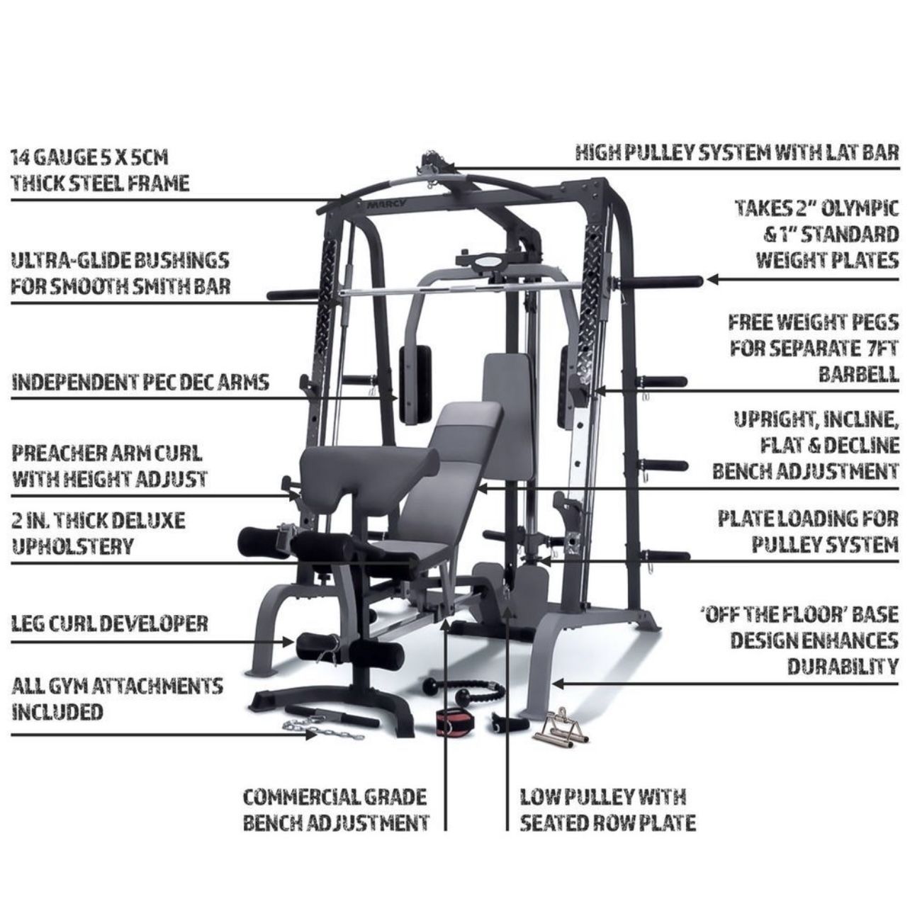 Marcy MWB-4360 Smith-Cage Strength System with a 300 lb Olympic grip weight set.