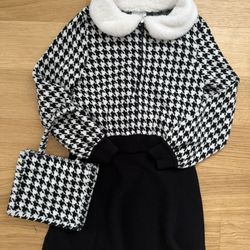 Girl Set Max Studio Girls 7-8 Yrs Plush Rounded Collar Houndstooth Pattern Sweater Zip Top Blk Skirt Matching Bag