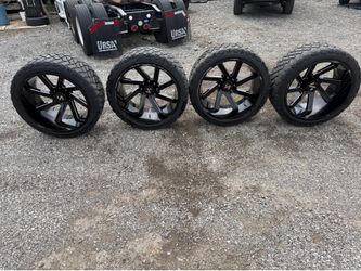 26X14 Akron Off-Road Black Rims on 37” Tires 8X180 Chevy 2500/3500