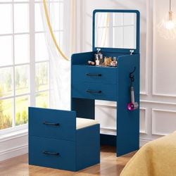 3 in 1 Vanity Desk with Flip Top Mirror,Glass Desktop,3 Drawers, blue Small Compact Vanity with Cushioned Stool,Makeup Vanity Set with Side Hooks,Dre