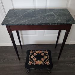 Antique Table With Marble Top and Pedded Metal Foot Stool