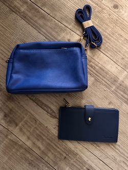 Royal blue pocketbook purse clutch with long strap and wallet