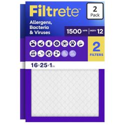 Filtrete 16x25x1 Air Filter, MERV 12, MPR 1500, Allergens, Bacteria & Viruses, 3-Month AC and Furnace Filters, Cleaner Air, Reliable Airflow, 2 HVAC F