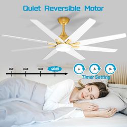 72" Industrial Large Ceiling Fans with Light and Remote 6 Speed Reversible DC Motor Dimmable Timing LED White and Gold Modern Ceiling Fan for Indoor o
