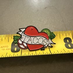 Tacos" heart and banner enamel pin.