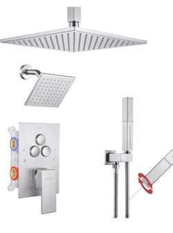 Shower System matte black ,Push Button Diverter Shower Faucet with 2 in 1 Handheld,Ceiling Mount 12 Inch &6 inch Shower Head