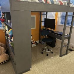 ⚙️ Pottery Barn Gray Loft Bed – Modern Desk & Storage Setup