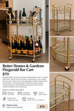 Better Homes & Gardens Gold Bar Cart – Glass Shelves