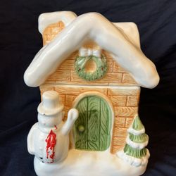 Vintage Christmas House Snowman Cookie Jar 