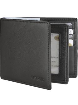 Men’s Genuine Leather Bifold Wallet RFID Blocking Slim Front Pocket 10 Card Slots, 2 ID Windows, 2 Cash Pockets, Heavy Duty Stitched, Black, Large Cap