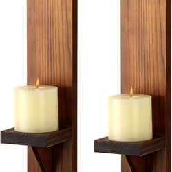  2 Wooden Wall Candle Sconces Rustic Wall Mount Wooden Pillar Candle Sconces, Brown Farmhouse Wall Candle Sconces 

