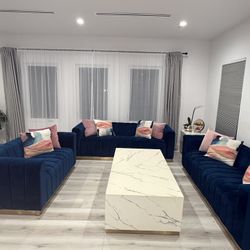 Blue Velvet Couches,  Two Coffee Tables And One Corner Table For Sale 