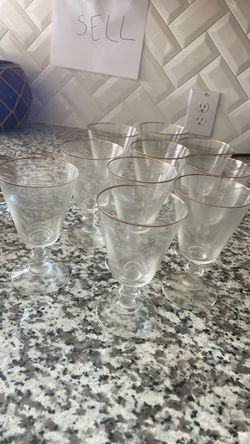 Set of 10 Gold Rim Crystal Wine Glasses