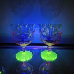 2 Vintage Tiffin Etched Watermelon Uranium Cocktail Glasses