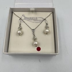 NEW Sparkle Sterling Silver Necklace & Earrings Set With Fresh Water Pearls 