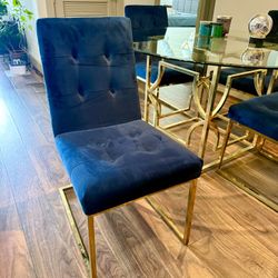Modern Gold Glass Dining Table Set w/ Blue Velvet Chairs (5-Piece Glam Dining Set)