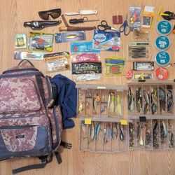 tackle backpack full of fishing gear and lures