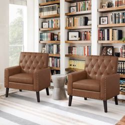 Camel and Walnut Faux Leather Mid Century Modern Button Tufted Accent Chair with Wood Legs (Set of 2)