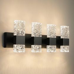 Epinl Black Bathroom Vanity Light Fixtures Bathroom Light Fixtures Over Mirror 4-Light 4000K LED Crystal Wall Sconces Modern 40W Brushed Hardwired Wal