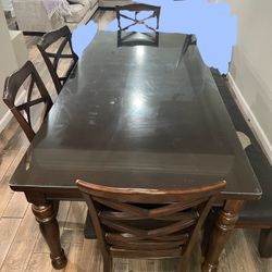 Dark Brown Wood Table With Glass Table Top