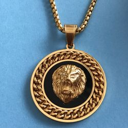 Detailed Lion head Pendant with 24” Chain - Gold Bonded On Stainless Steel, Black *Pickup Boca Raton