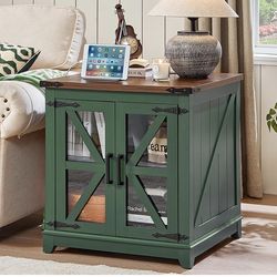 Farmhouse End Table with Charging Station, 24" Large Sofa Side Table with Glass Barn Door, Green Nightstand with Adjustable Storage Shelf, Wood Square