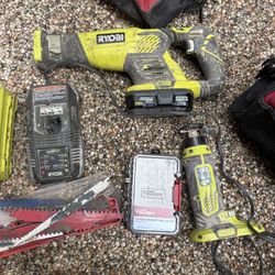 Ryobi NE+ 18V Cordless Cut-Out Tool And Ryobi ONE+ 18V Cordless Reciprocating Saw Battery And Charger