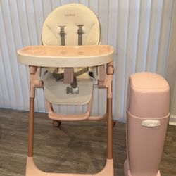 Peg Perego high Chair And Pink Diaper Genie