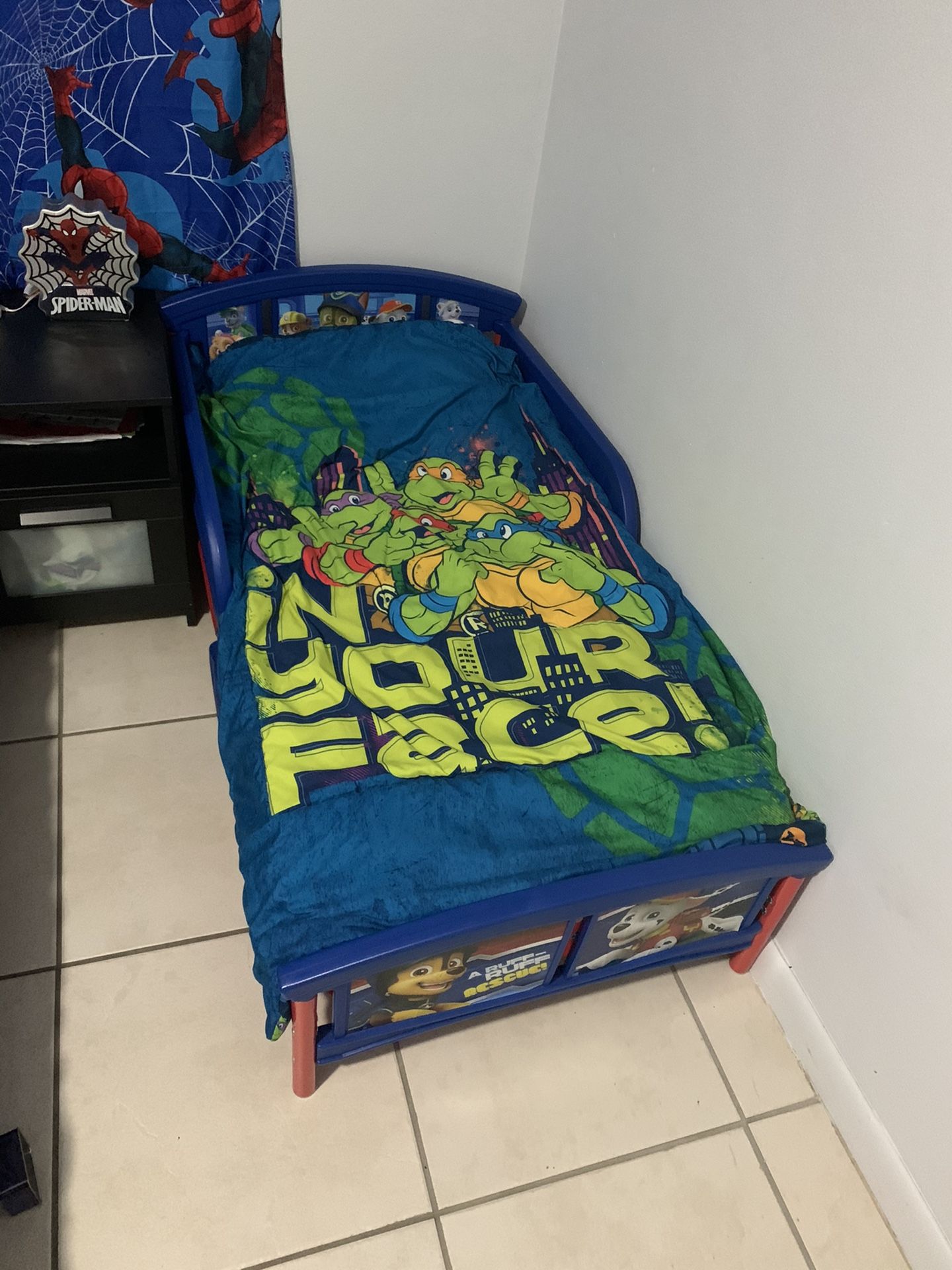 Toddler bed with mattress (pee pee proof) and kid chair.