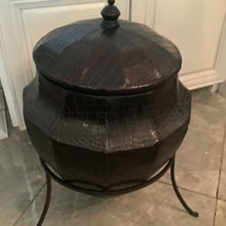 Large Alligator Skin Lidded Pot In wrought  Iron Base
