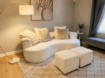 Modern White Bouclé Curved Sofa + Ottomans - 82"