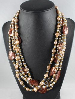 Freshwater Pearl Necklace w/Mother Of Pearl Leaves 5-Strand Necklace 20" Sterling Silver OBO