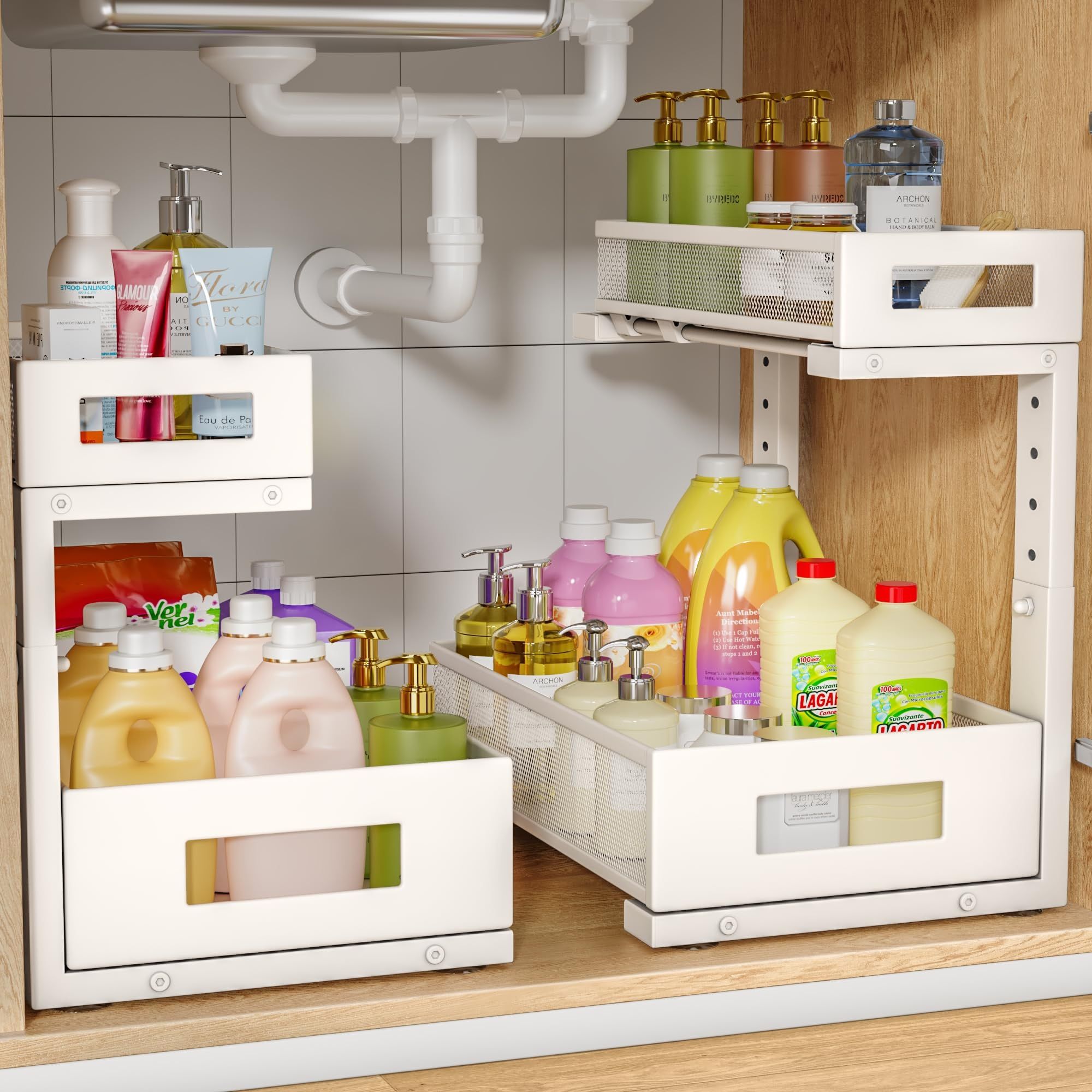 Pack Under Sink Storage Organizer, Large 2-Tier Elegant Mesh Pull Out Shelf For Kitchen And Bathroom Cabinet Organization, L-Shaped And Adjustable Hei