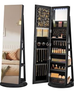 6 LEDs Mirror Jewelry Cabinet Organizer, 360° Swivel, Lockable Frameless Full-Length Mirror with Storage, Jewelry Armoire, 3 Storage Shelves, Black Su