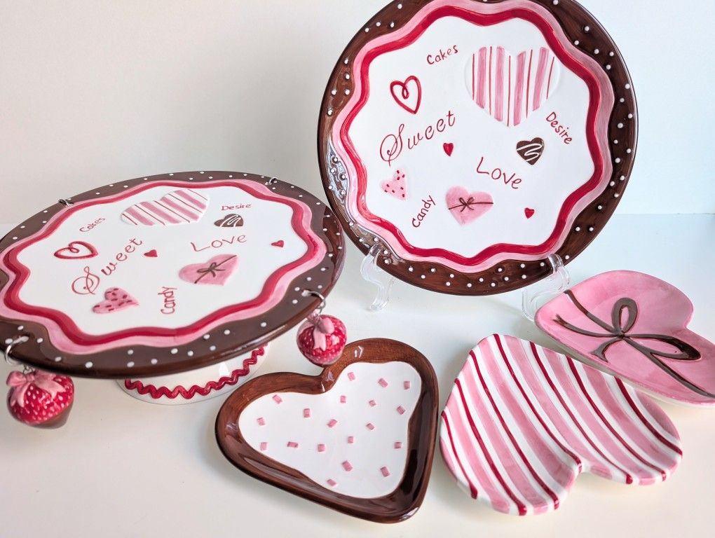 Fitz & Floyd Valentine's You Melt My Heart - Cake Stand+Server+3 Canapé Plates