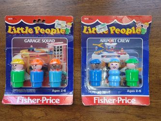 Vintage x2 Set 3 Per Card 1980's Fisher Price Little People Airport Crew Garage Squad Figures Sealed On Card NOS 1985 
