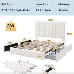 Full Bed Frame with 4 Storage Drawers, Adjustable Height Headboard, Linen Upholstered Platform Bed Frame, No Box Spring Needed, Easy Assembly, W