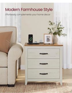 23.6‑Inch Farmhouse Nightstand with Charging Station, 3 Drawers Bedside Table, Side Table with 3 Drawers, for Bedroom, Rustic White and Ho
