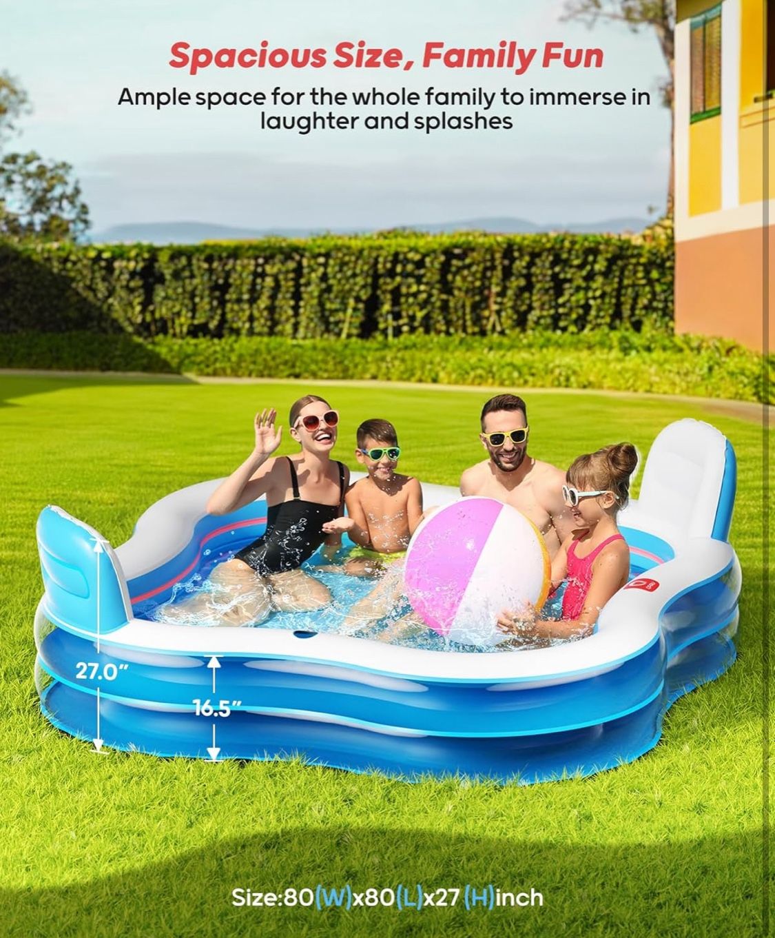 QPAU Inflatable Swimming Pool with 2 Seats and Backrests, 80" L x 80" W x 27" D Large Full-Sized Family Pools for Kids and Adults for Backyard, Garden