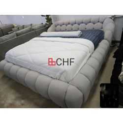 Contemporary Chenille Fabric Queen / Eastern King Size Bed Frame  - Mattress Sold Separately 