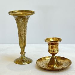 Antique Brass Etched Candle Holder & Bud Vase ~ Vintage Brass 