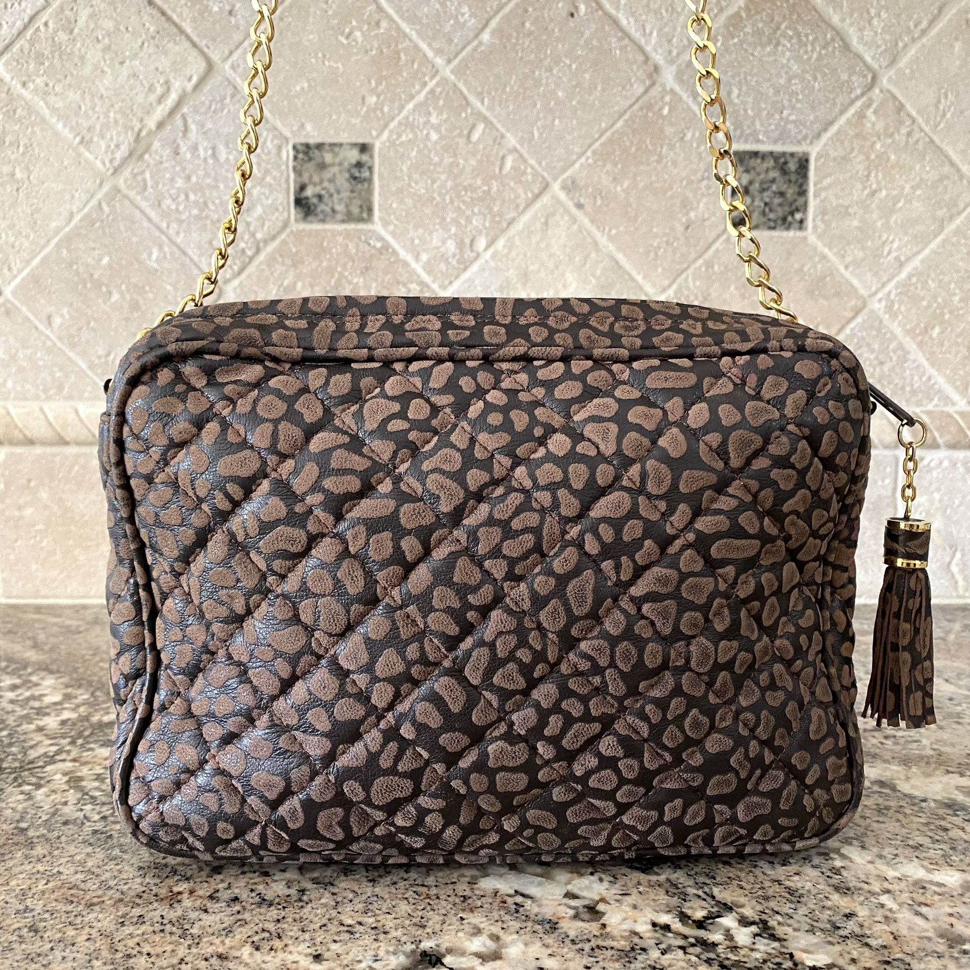 On Vacation - Suede Handbag Quilted Animal Print Brown Faux Cheetah Tassel Gold Chain Mirror