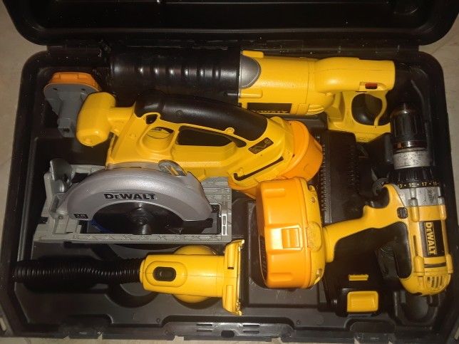 unique DeWalt 18 volt 4 tool kit with hard shell case 2 brand new batteries 18 to 20 volt adapter 20 volt battery and charger