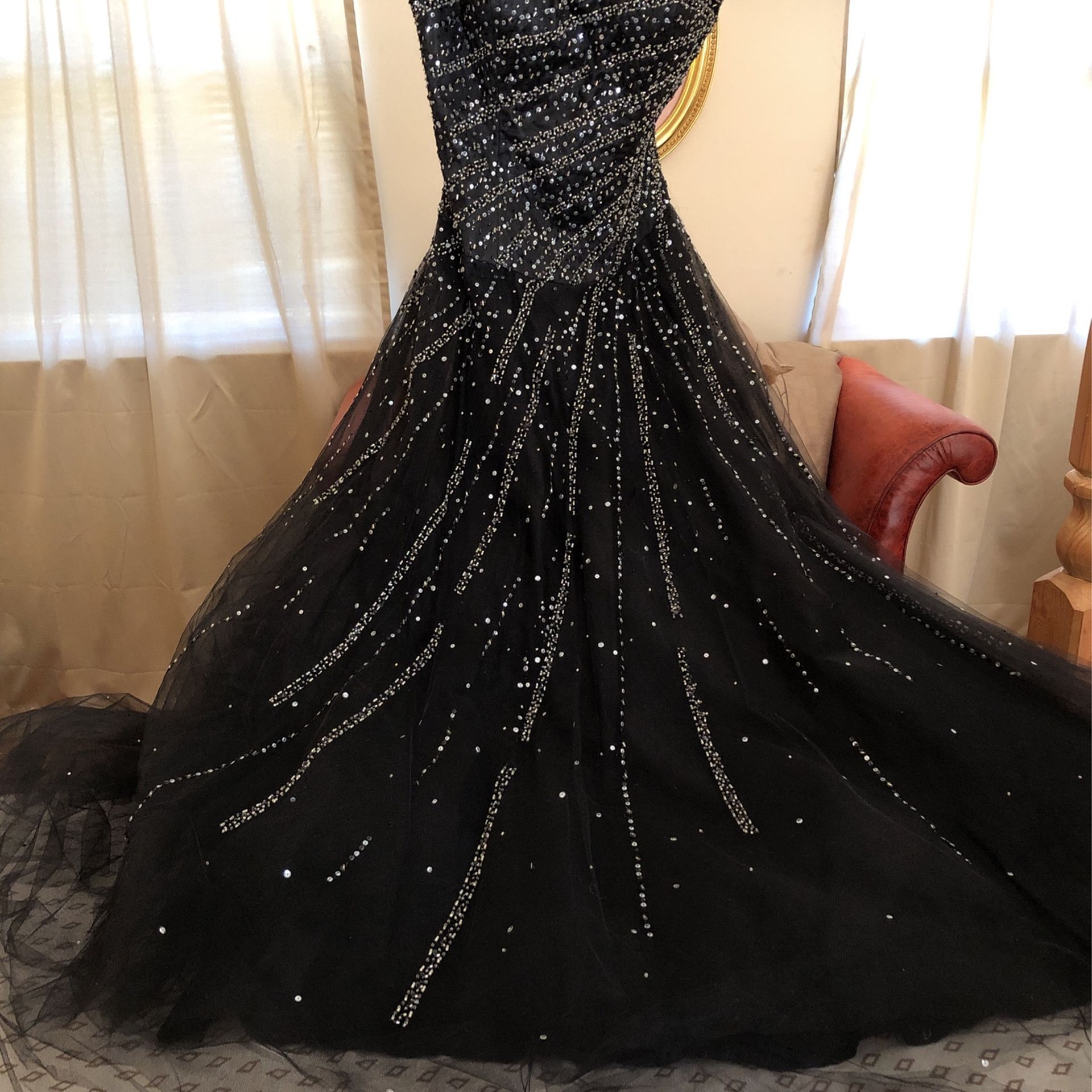 Black & Silver Beaded Spaghetti Strapped Gown with Tuille & a Can Can slip