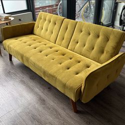 Yellow Mid-century Couch With Cup Holder 