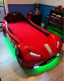 Kids Twin Size Car Bed with Lights and Remote Control